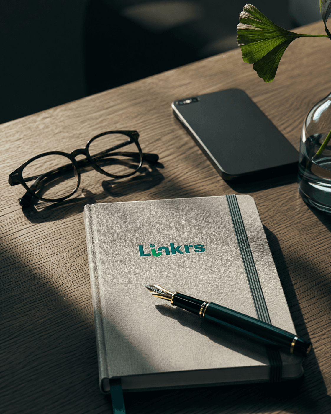 A fountain pen resting on a closed notebook on an oak desk