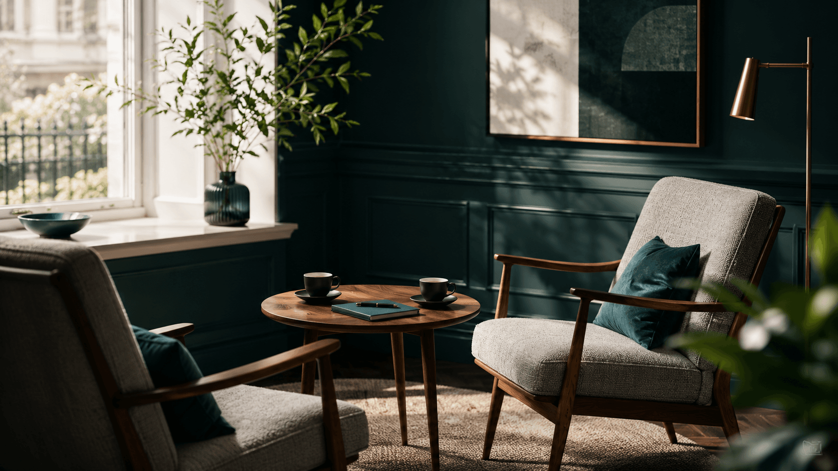 Een rustige hoek van het Linkrs-kantoor met twee stoelen bij het raam — waar discrete gesprekken plaatsvinden